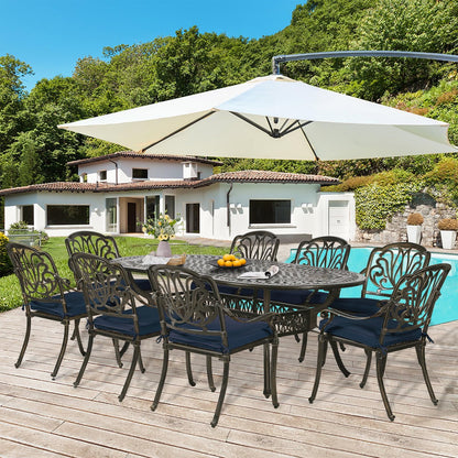 9-Piece Patio Dining Set, Outdoor Patio Table and Chair Set of 84? Oval Cast Aluminum Dining Table with Umbrella Hole and 8 Outdoor Dining Cushion Chairs, Patio Funiture Set for Garden, Navy