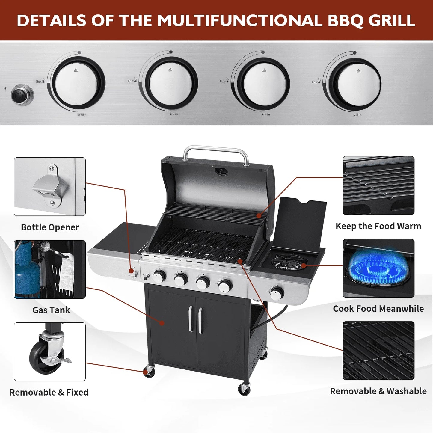 Mellcom 4 Burner Gas Grill,36000 BTU BBQ Propane Stainless Steel with Side Table for Patio Garden