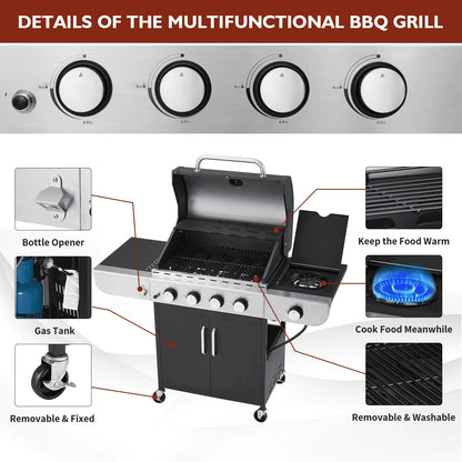Mellcom 4 Burner Gas Grill,36000 BTU BBQ Propane Stainless Steel with Side Table for Patio Garden