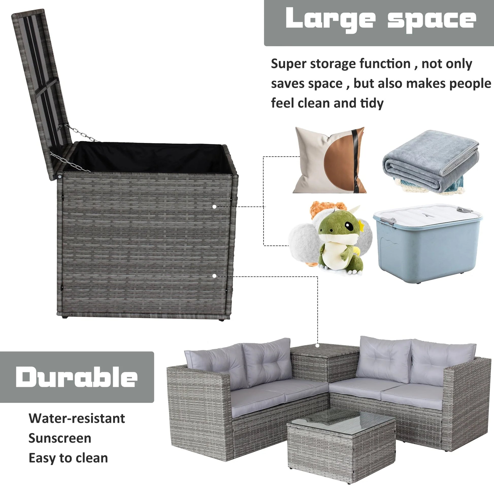 Segmart 4 Piece Rattan Wicker Patio Furniture, Outdoor Conversation Set with Storage Ottoman, All-Weather Rectangle Patio Sofa Wicker Set with Cushions for Backyard Garden Pool