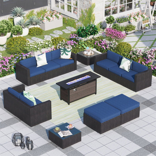 MF Studio 13 Pieces Outdoor Patio Furniture Set with 56-Inch Fire Pit Table Wicker Patio Conversation Set, Navy Blue