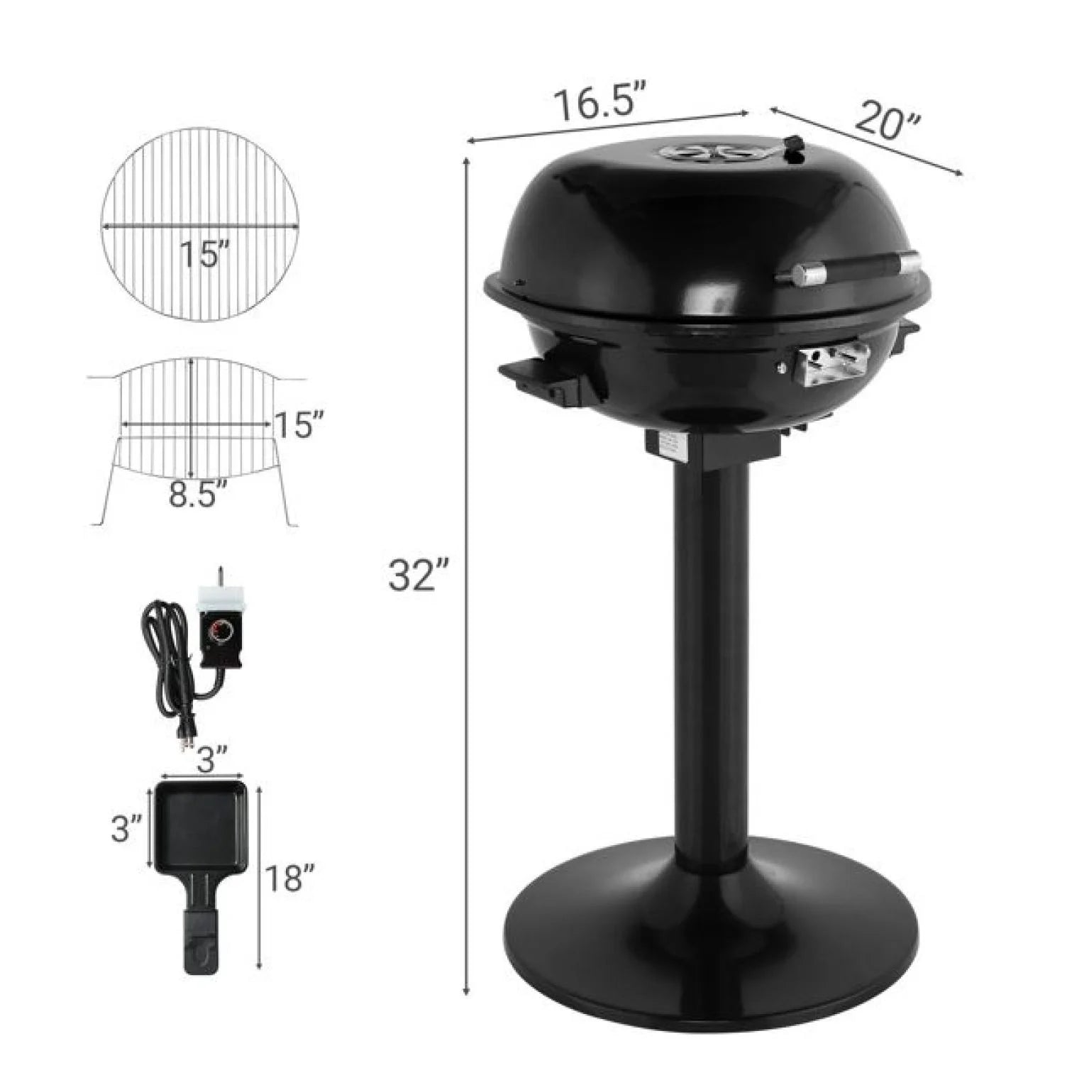 Electric BBQ Grill with Stand - 1600W Indoor/Outdoor Portable Grill, Double Layer, Adjustable Temp Control, Black - Perfect for Apartment & Patio