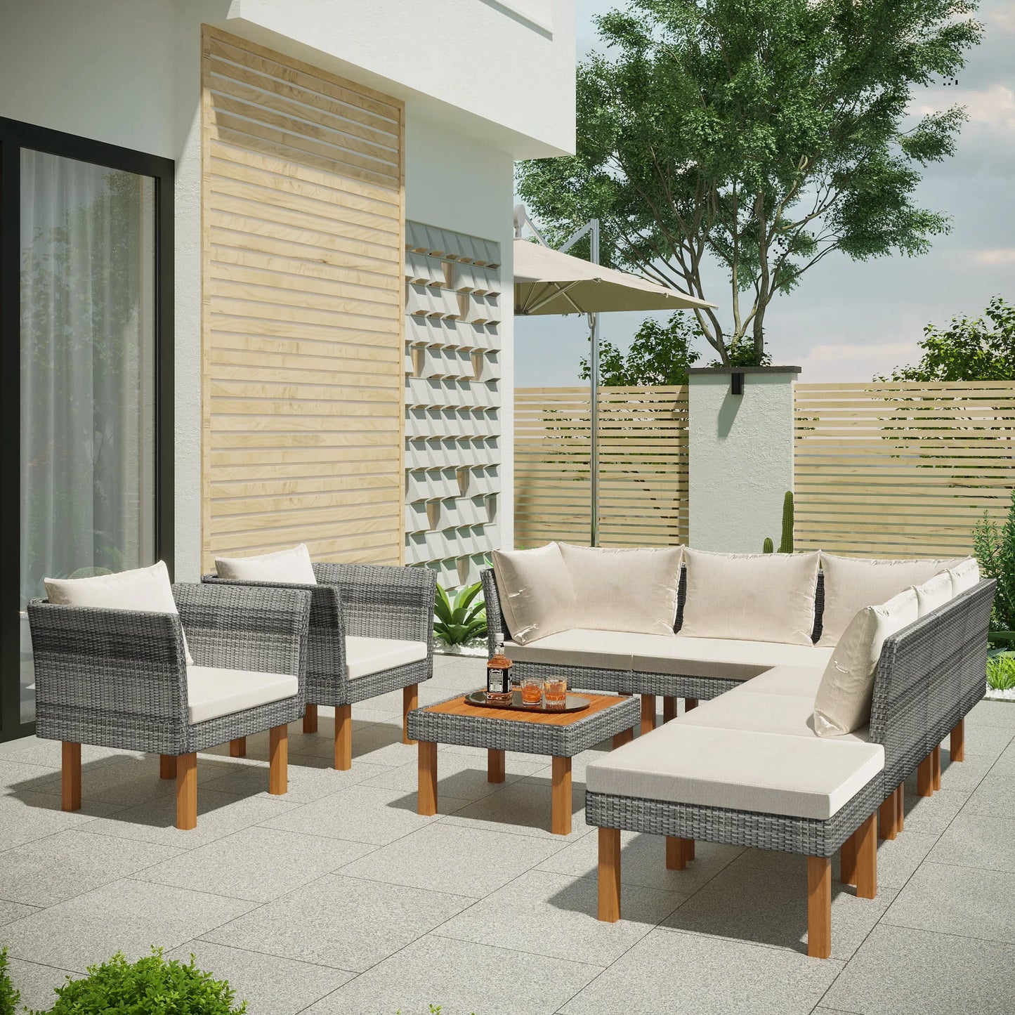 CoSoTower 9-Piece Outdoor Patio Garden Wicker Sofa Set, Gray PE Rattan Sofa Set, with Wood Legs, Acacia Wood Tabletop, Armrest Chairs with Beige Cushions