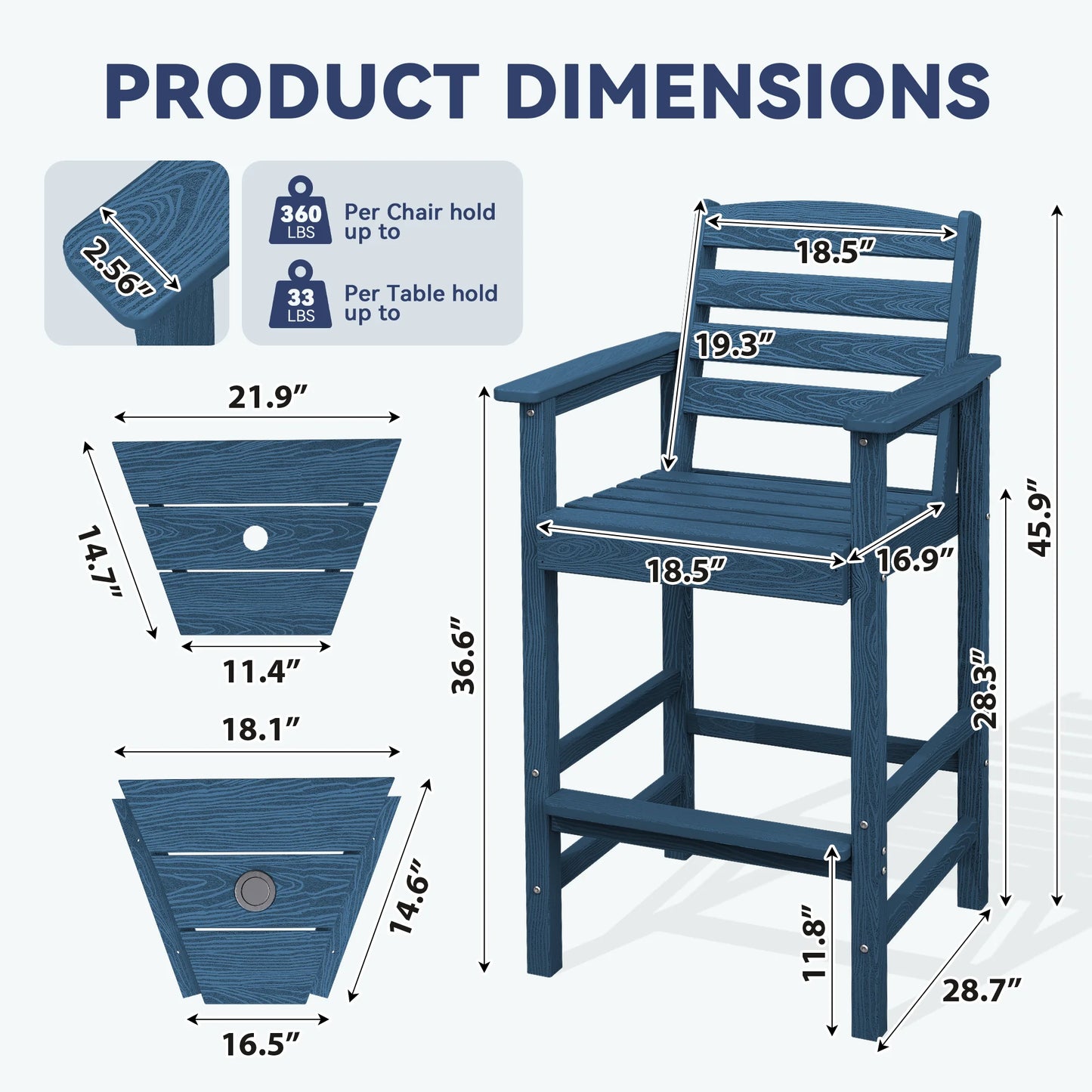 JUSTLET Tall Adirondack Chair Set of 2 with Double Connecting Tray, HDPE Outdoor Weather Resistant Patio Bar Stools for Patio, Balcony, Porch, Navy Blue