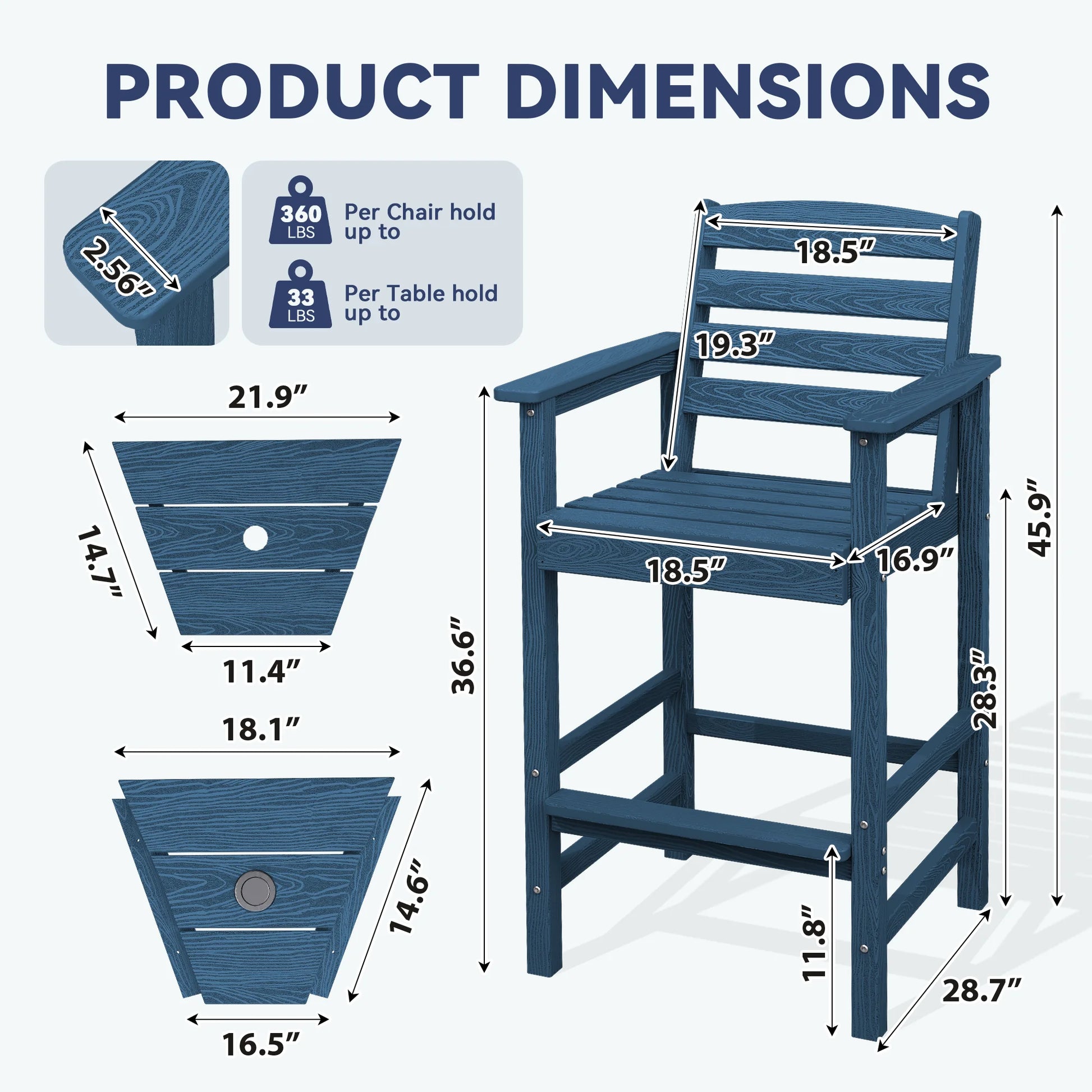 JUSTLET Tall Adirondack Chair Set of 2 with Double Connecting Tray, HDPE Outdoor Weather Resistant Patio Bar Stools for Patio, Balcony, Porch, Navy Blue