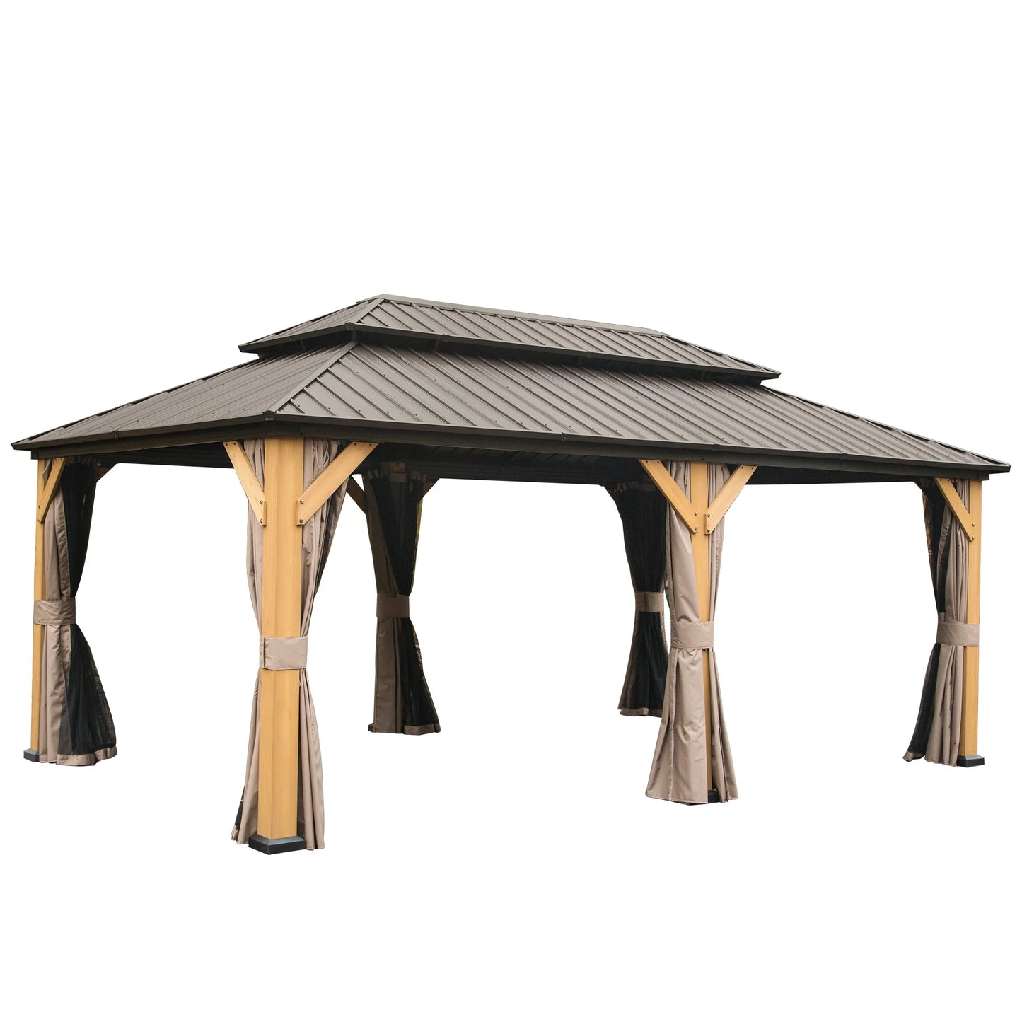 Domi 12x20 ft Wood Gazebo, Cedar Wood Frame Hardtop Gazebo with Galvanized Steel Double Roof, Outdoor Gazebo with Netting and Curtains, Patio Gazebo Pergola Pavilion for Patio, Backyard, Deck, Lawns