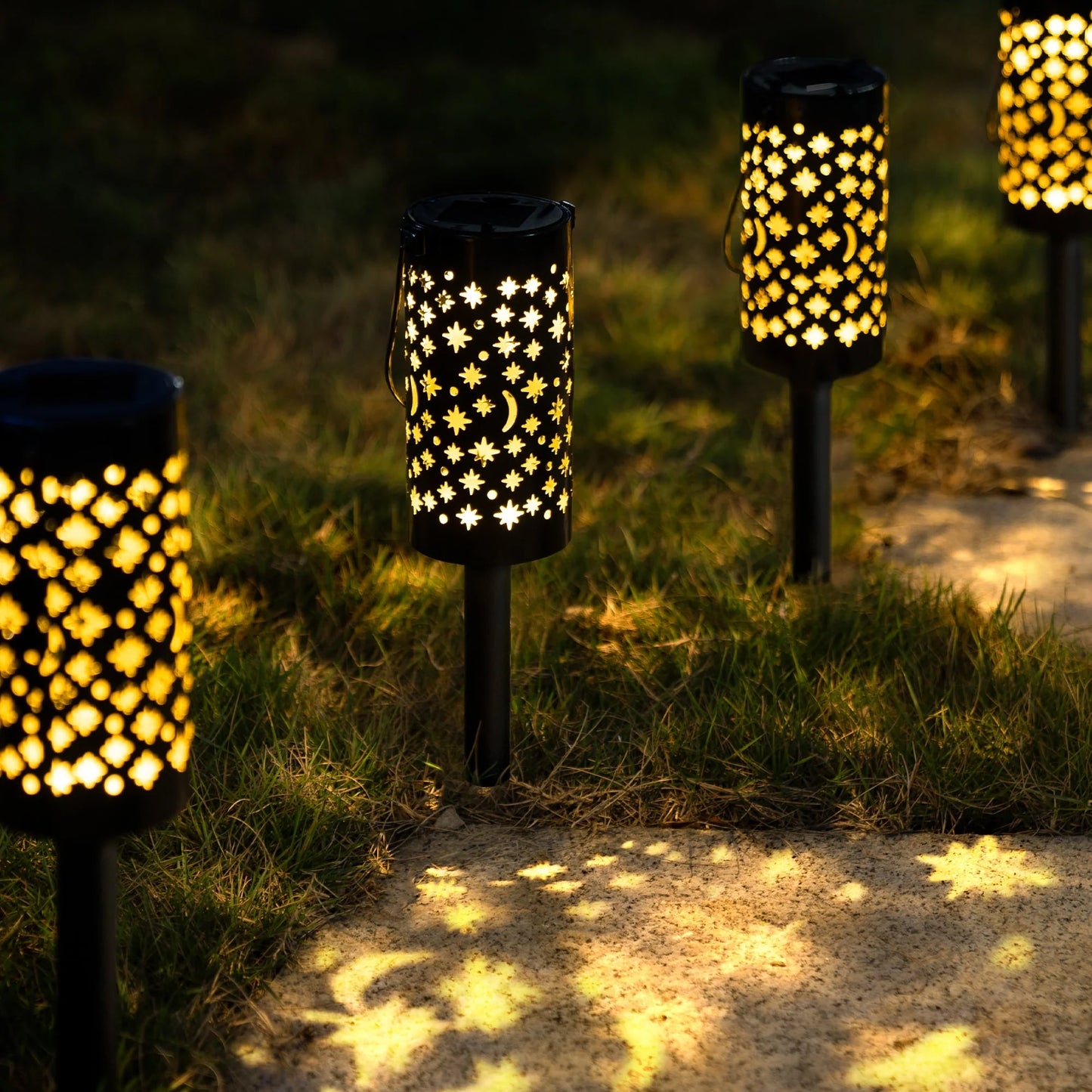 GIGALUMI Solar Pathway Lights, 6 Pack Solar Lanterns Outdoor Solar Lights Decorative Waterproof, Hanging Solar Lights Star Moon Solar Landscape Lights Outdoor for Walkway, Garden, Patio, Lawn, Yard