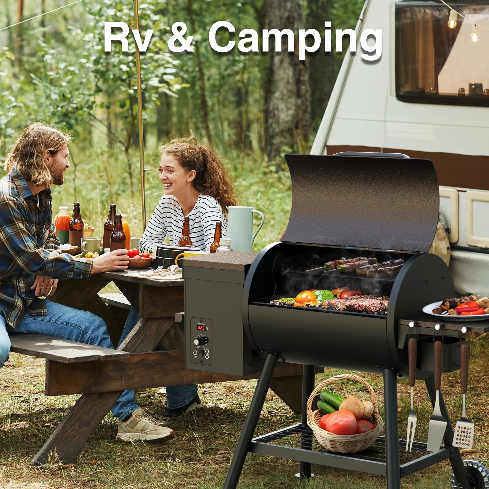 KingChii 456 SQ.IN Pellet Grill Smoker with Side Shelf, 8 IN 1 BBQ Grill with PID Temperature Control for Outdoor Cooking, BBQ Camping and Patio, Brown