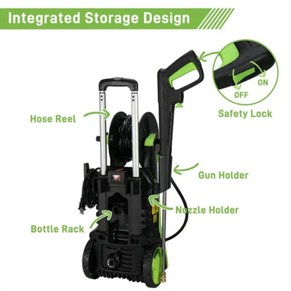 CASEMIOL 1800W Electric Pressure Washer, 3800 PSI, 2.6 GPM Power Washer with Safety Lock & TSS, 19.7ft Hose, 4 Nozzles, Portable High Pressure Cleaning Machine for Cars, Driveways, Patios, Green