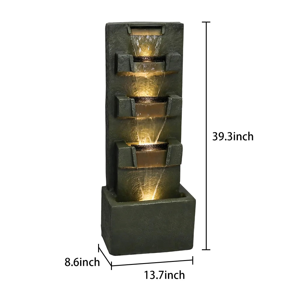 39.3-in High Floor Waterfall Fountain with LED Lights 5-Tier Water Fountain Outdoor Indoor Fiber Reinforced Concrete Fountain for Modern Patio Decor Garden, House, Office, Garden, Home Art Decor