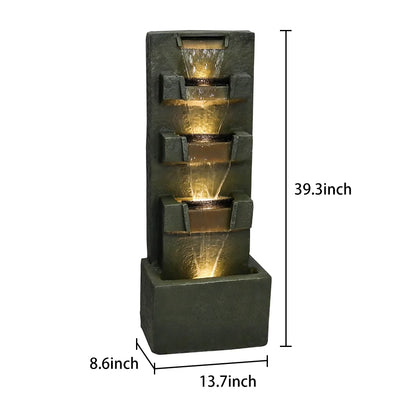 39.3-in High Floor Waterfall Fountain with LED Lights 5-Tier Water Fountain Outdoor Indoor Fiber Reinforced Concrete Fountain for Modern Patio Decor Garden, House, Office, Garden, Home Art Decor