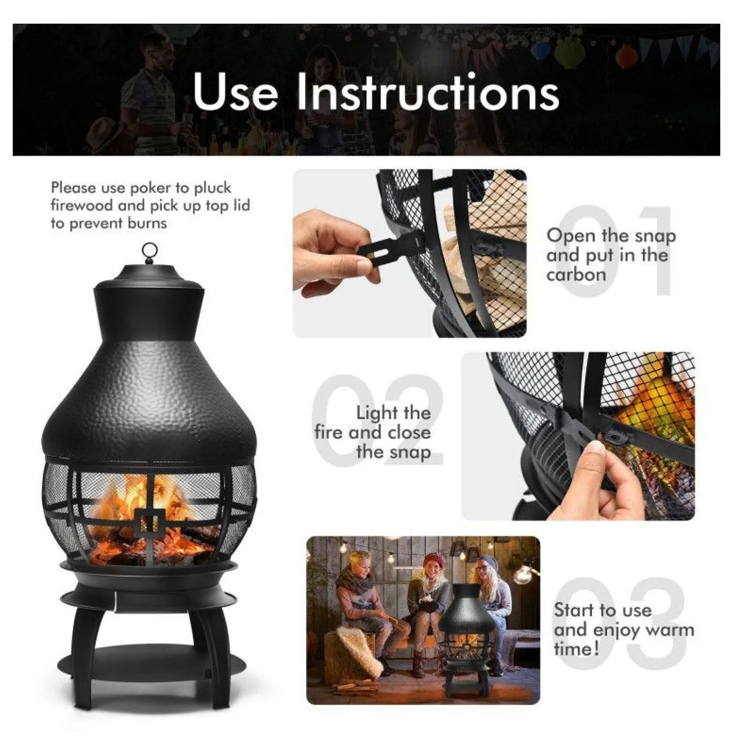 Wood Burning Chimenea Fireplace - Outdoor Patio Fire Pit, Black, 20"x20"x43.5", Iron Construction, Portable Fireplace for Garden, Backyard, Courtyard