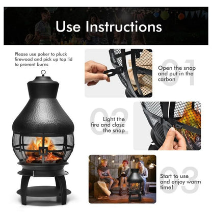 Wood Burning Chimenea Fireplace - Outdoor Patio Fire Pit, Black, 20"x20"x43.5", Iron Construction, Portable Fireplace for Garden, Backyard, Courtyard