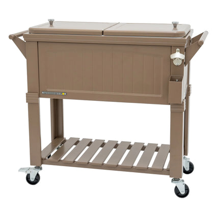 Permasteel 80-Qt Antique Outdoor Steel Patio Cooler on Wheels, Rolling Cooler Cart, Wooden Teak Style, Taupe