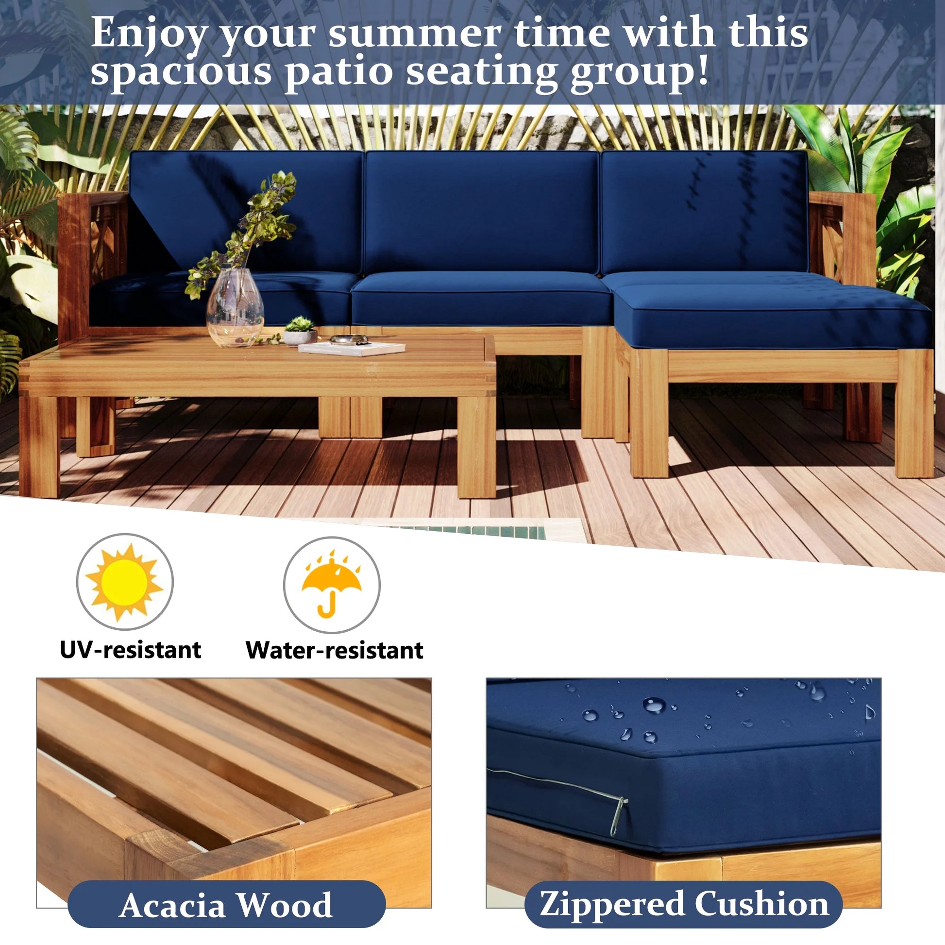 Harper & Bright Designs Outdoor Wooden Seating Group with Table, Patio Conversation Sectional Sofa Set with Waterproof Cushions for Backyard Poolside, Natural