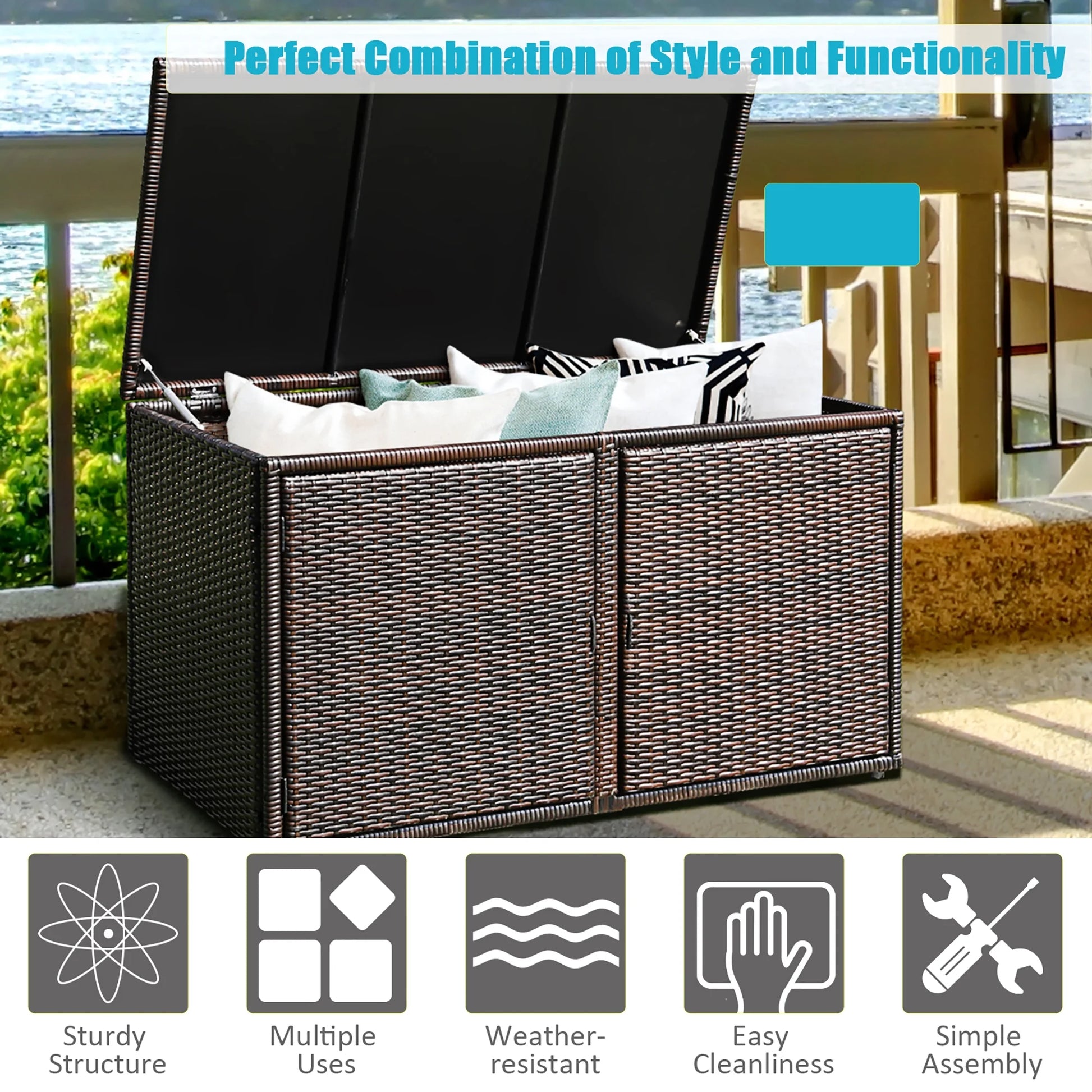 Costway 88 Gallon Garden Patio Rattan Storage Container Box Bin Shelf Brown