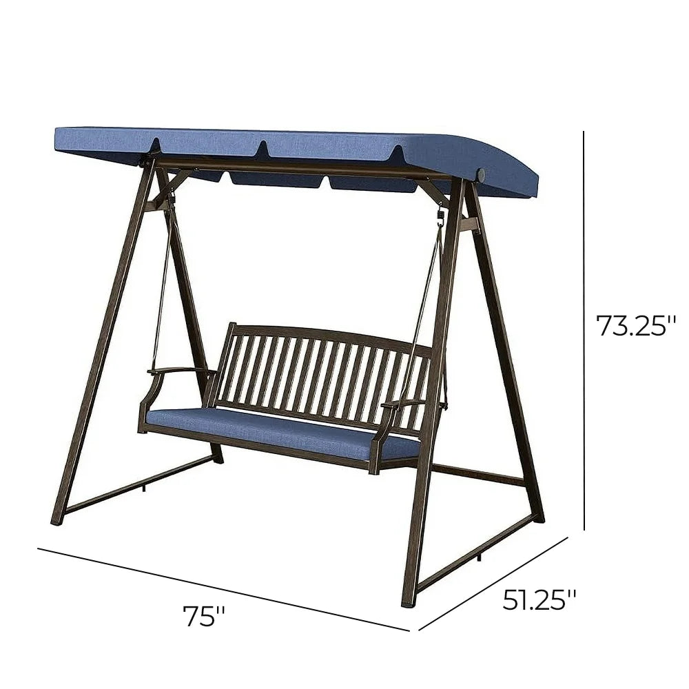 Grand Patio Porch Swing, Outdoor 2-Seat Patio Swing Chair, Adjustable Tilt Canopy, with Removable Cushion, Weather Resistant Powder Coated Painted Woodgrain Frame, Farmhouse Style-Dark Blue