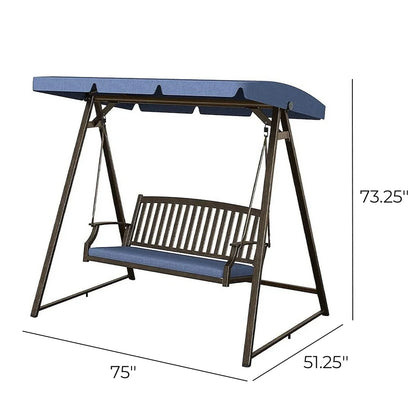 Grand Patio Porch Swing, Outdoor 2-Seat Patio Swing Chair, Adjustable Tilt Canopy, with Removable Cushion, Weather Resistant Powder Coated Painted Woodgrain Frame, Farmhouse Style-Dark Blue