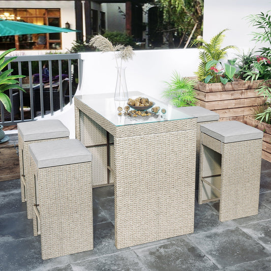 5-piece Patio Table Set Outdoor Furniture, Rattan Bar Dining Table and Chairs Set, Grass Top Table & 4 Cushioned Stools Bistro Set for Backyard Porch Poolside Indoor Use, Brown