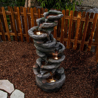 10-Tier Rock Waterfall Fountain - 39.76" Cascading LED Feature for Garden & Patio