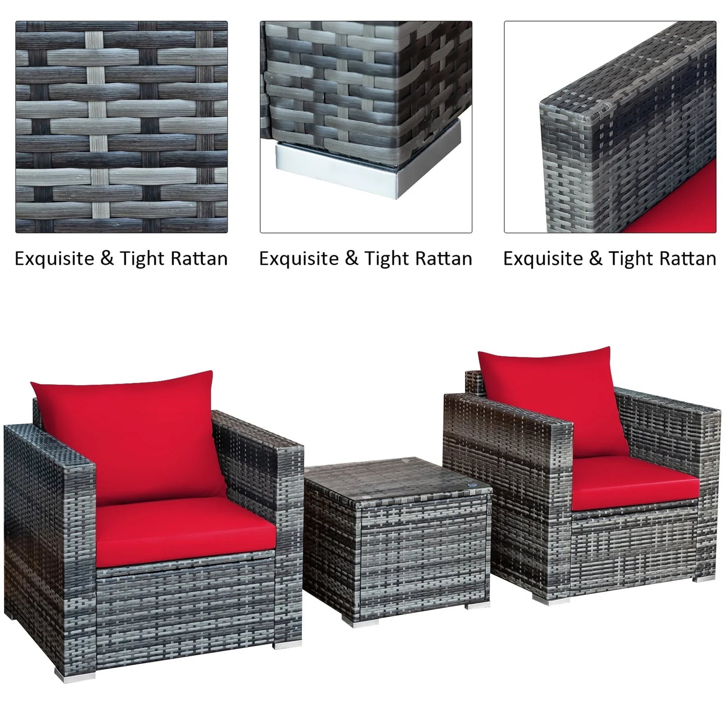 Patiojoy 3-Piece Patio Wicker Conversation Set Bistro Rattan Sofa Chair with Washable Cushion Mix Gray & Red