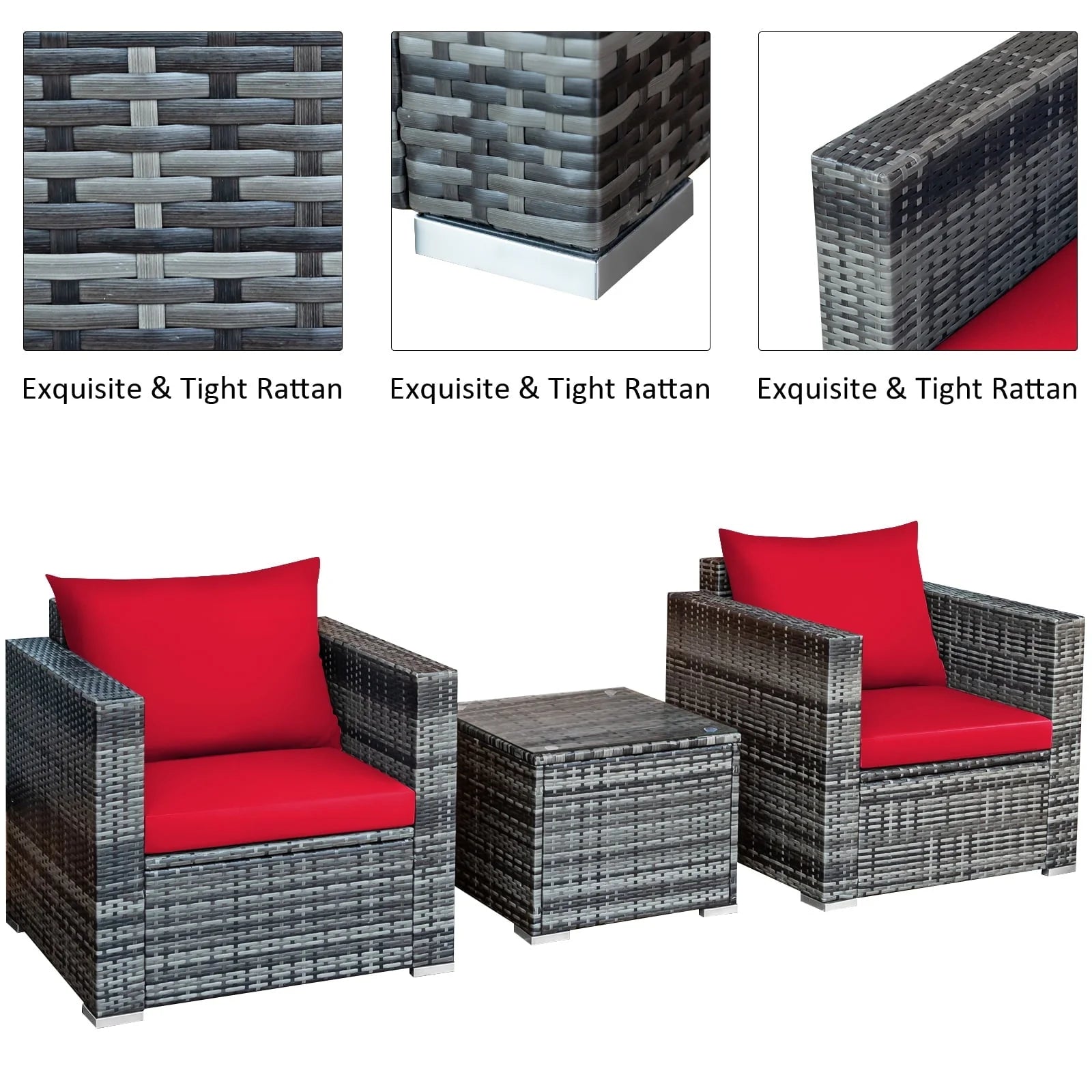 Patiojoy 3-Piece Patio Wicker Conversation Set Bistro Rattan Sofa Chair with Washable Cushion Mix Gray & Red