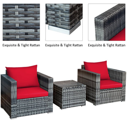 Patiojoy 3-Piece Patio Wicker Conversation Set Bistro Rattan Sofa Chair with Washable Cushion Mix Gray & Red