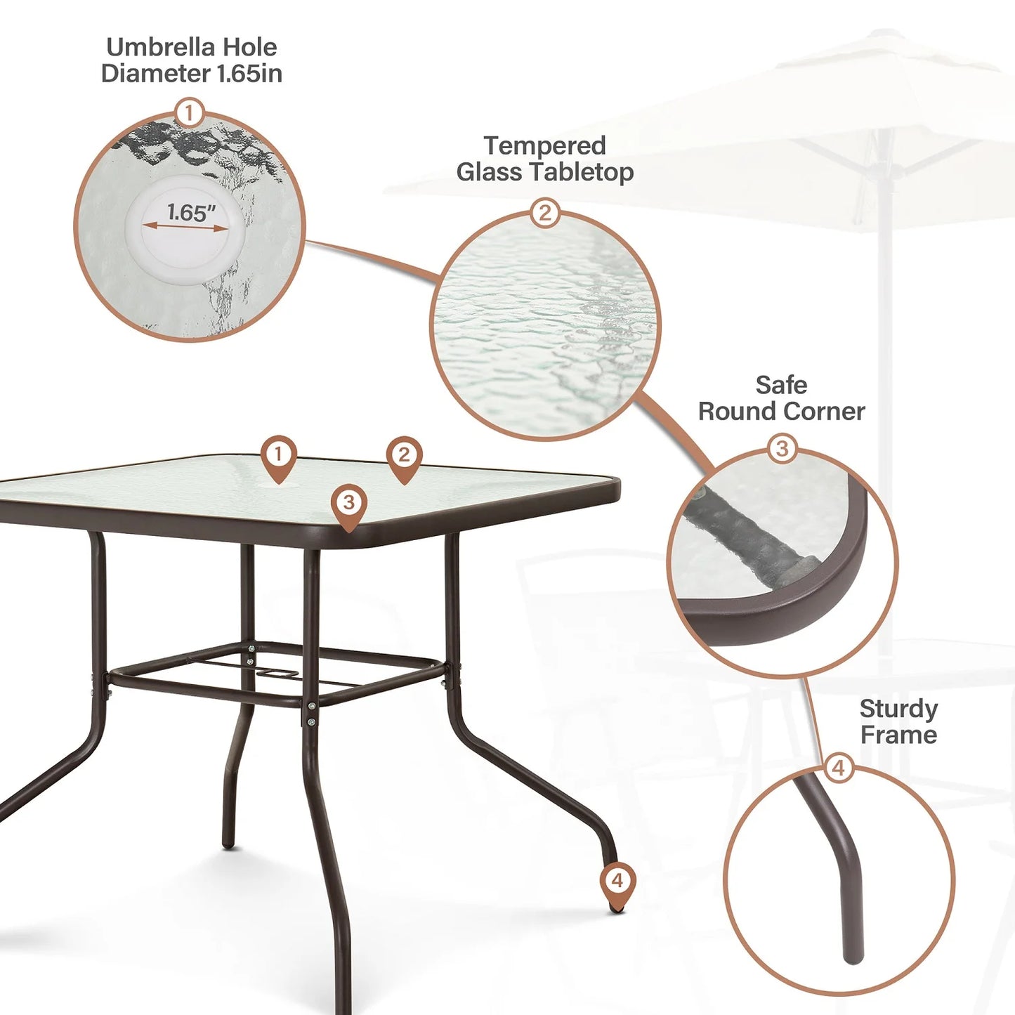 Pellebant 6 Pcs Metal & Glass Patio Dinning Set and Umbrella in Beige