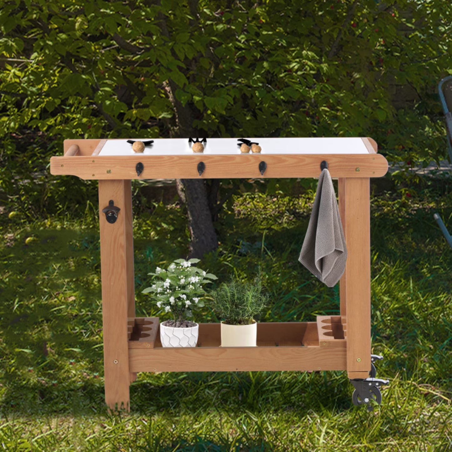 Outdoor Wooden Cart Table With Wheels Metal Top And Storage Hook For Patio Backyard Garden Offering Both Charm And Heat Resistance