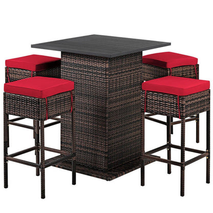 Aimee Lii 5 Pieces Patio Rattan Bar Table Stool Set Hidden Storage Shelf Cushioned, Outdoor Patio Furniture, Red