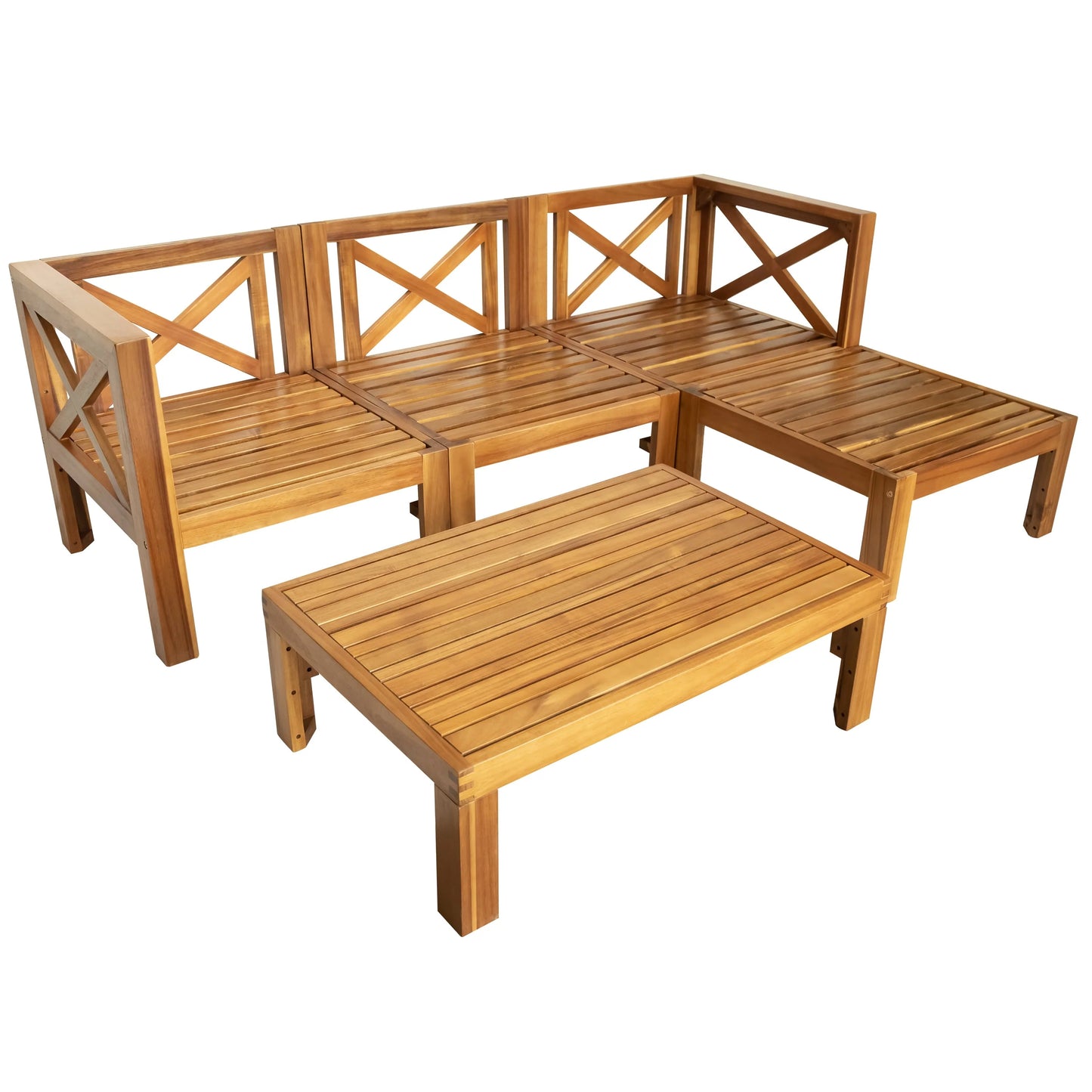SYNGAR 5 Piece Wood Patio Furniture Set, Outdoor Seating Chat Set with Blue Cushions, Sectional Conversation Sofa Chairs Set with Coffee Table, for Balcony, Backyard, Poolside, Deck, Garden, D8126