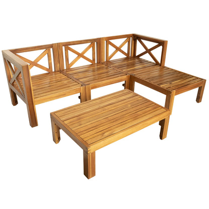SYNGAR 5 Piece Wood Patio Furniture Set, Outdoor Seating Chat Set with Blue Cushions, Sectional Conversation Sofa Chairs Set with Coffee Table, for Balcony, Backyard, Poolside, Deck, Garden, D8126