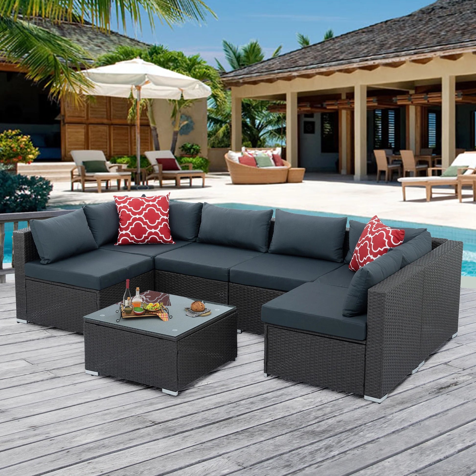7 Pieces Outdoor Patio Furniture Set, Outdoor Sectional Rattan Sofa, PE Manual Weaving Wicker Patio Conversation Set with Cushion, Glass Table, Pillow, Dark Gray