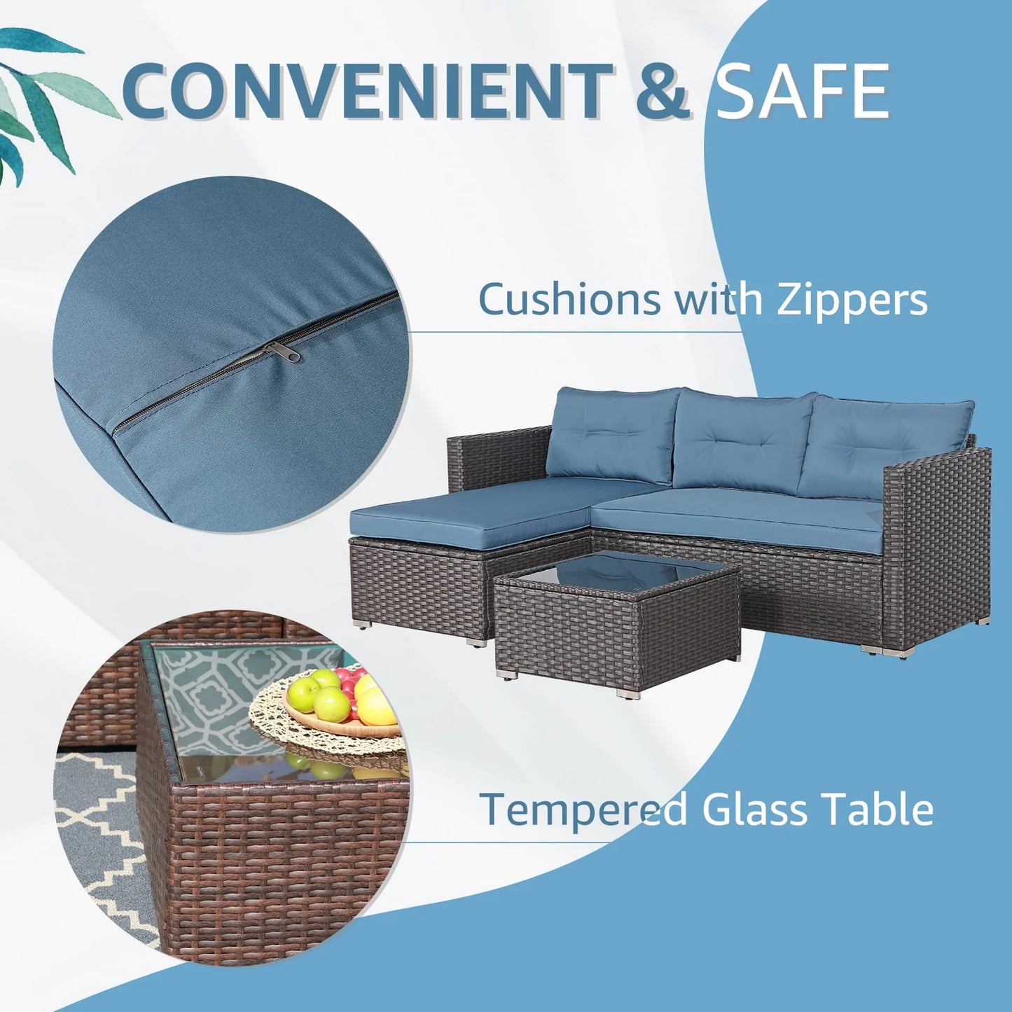 OC Orange-Casual 5-Piece Patio Furniture Set, Outdoor Sectional Sofa, Coffee Table, Dark Brown Rattan & Aegean Blue Cushion