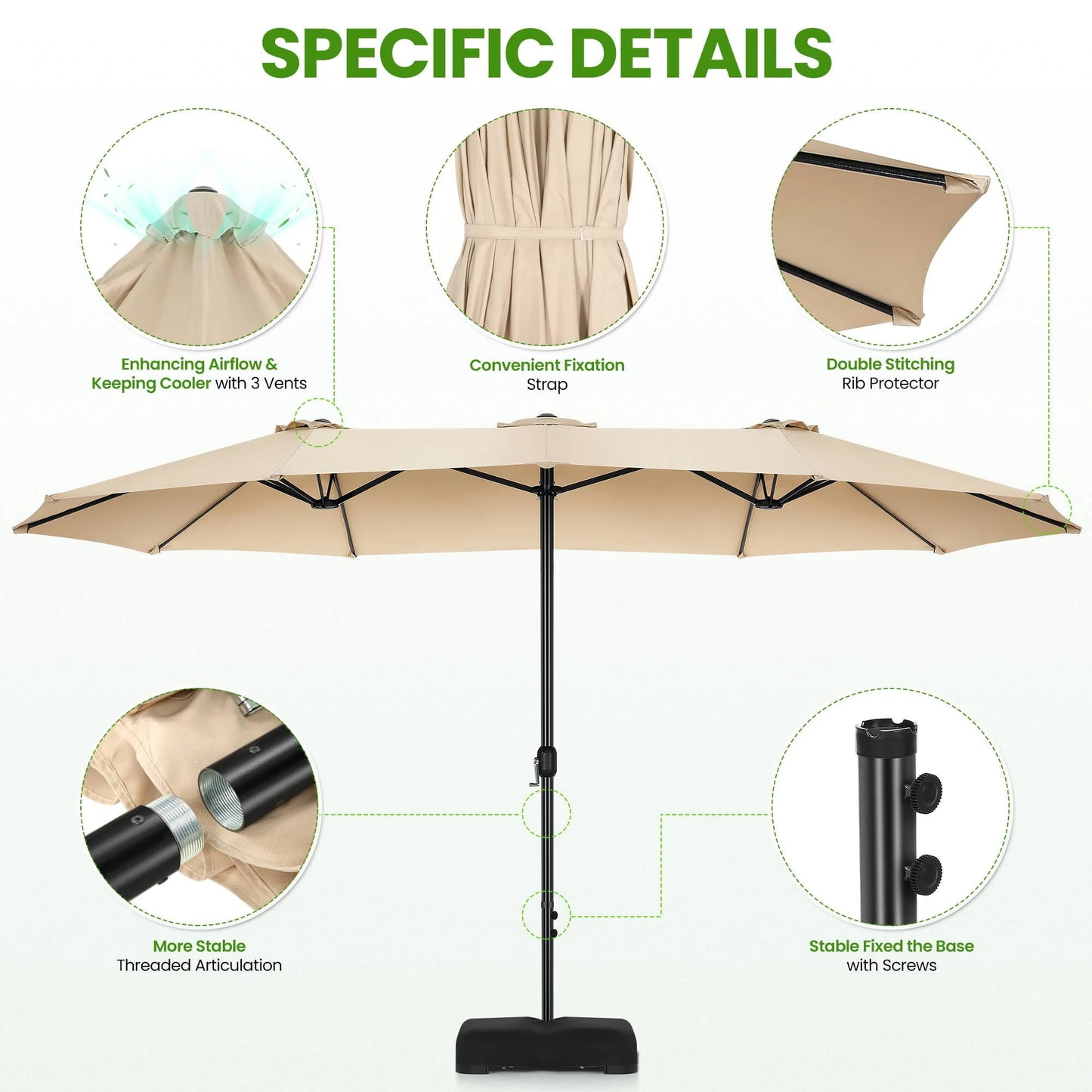 VIBESPARK 15ft Large Outdoor Umbrella Double-Sided Patio Umbrella with Base, Crank Handle, 12 Ribs Rectangular Umbrella for Patio Graden Poolside (Beige)