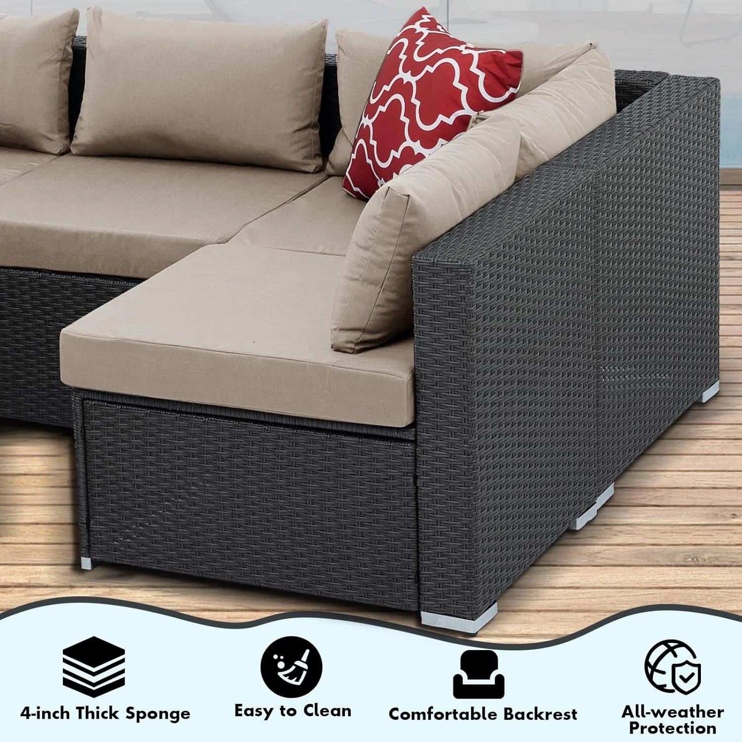 HighSound 7 Piece Patio Furniture Set, Outdoor Wicker Patio Sectional Sofa, All Weather PE Rattan Outdoor Sectional with Cushion & Coffee Table, Khaki