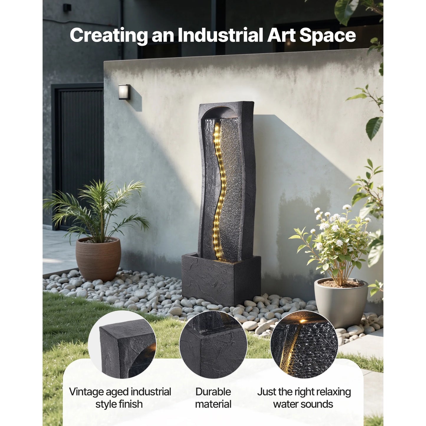KFFKFF Outdoor Water Fountain, 38.58-Inch Tall with LED Light and Pump, 1-Tier Floor Standing Rock Base Design for Garden, Home, Patio, and Backyard Use