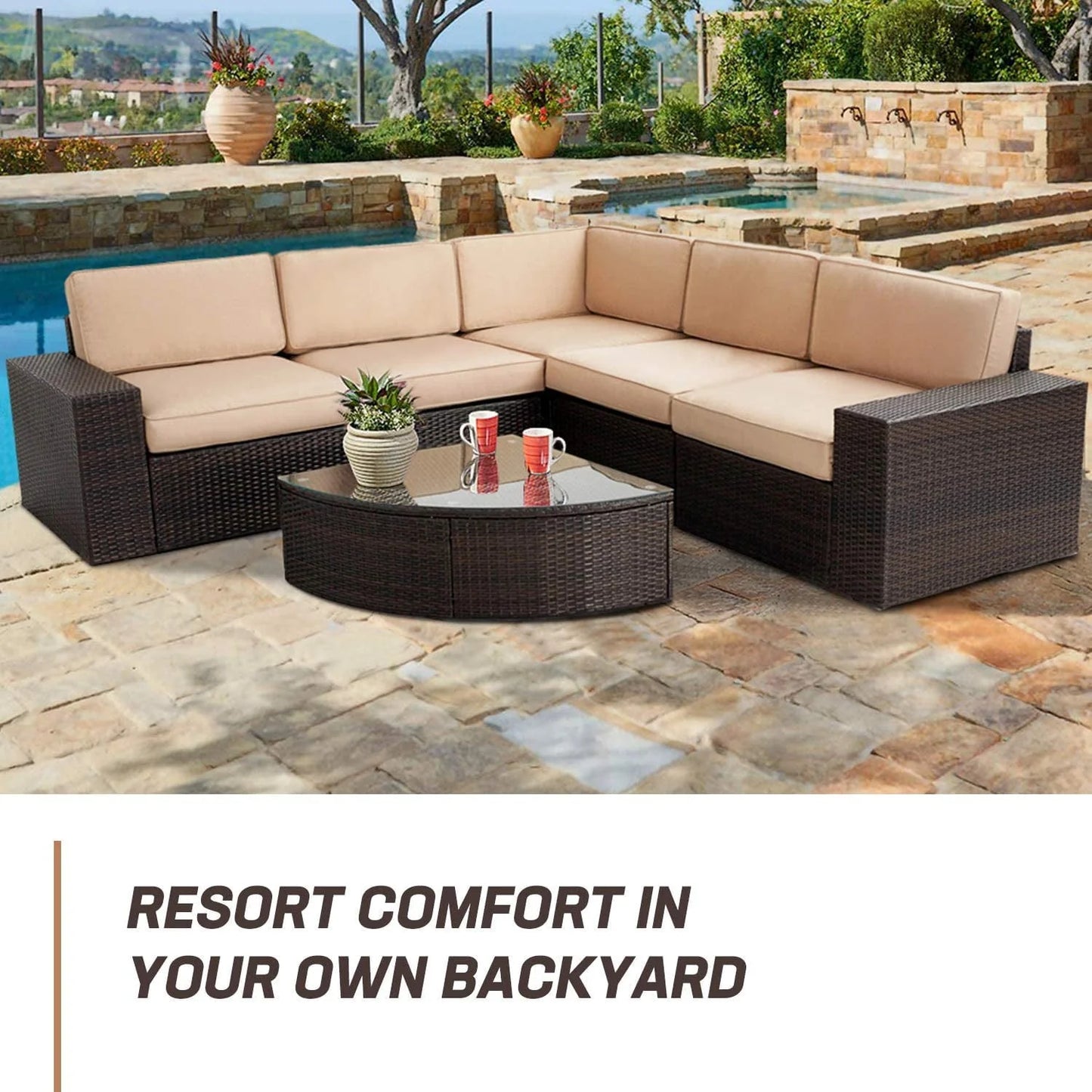 SUNCROWN 6-Piece Patio Furniture Set Outdoor Wicker Conversation Set with Wedge Table, Brown