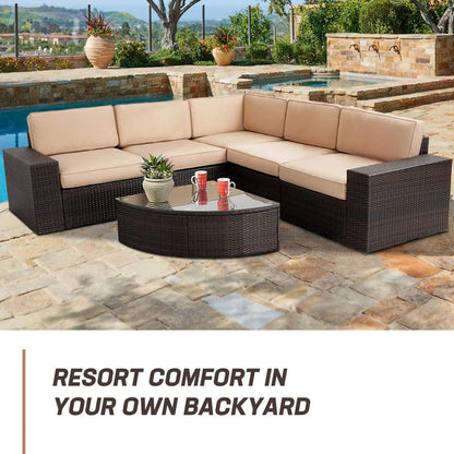 SUNCROWN 6-Piece Patio Furniture Set Outdoor Wicker Conversation Set with Wedge Table, Brown