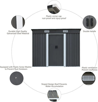 8 x 4 FT Outdoor Storage Shed, Metal Outside Sheds & Outdoor Storage with Sliding Doors and Vents, Steel Garden Shed Outdoor Utility Tool Shed with Pent Roof for Backyard Patio Garden Lawn, Grey