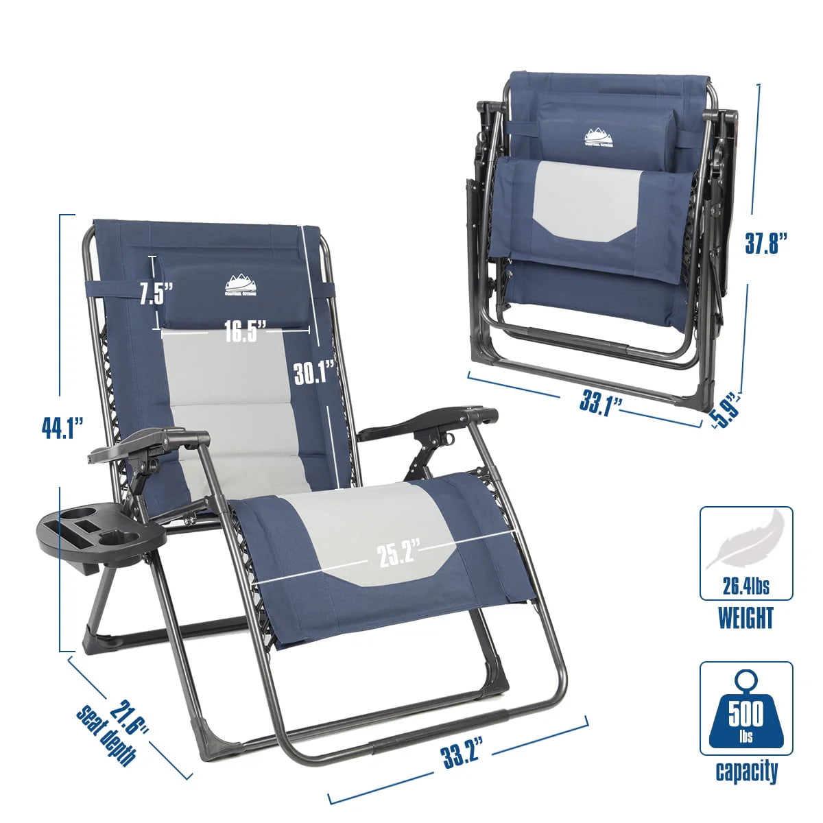 Coastrail Outdoor Oversized Zero Gravity Chair Wood Armrest Padded XXL Folding Patio Lounge Adjustable Recliner with Cup Holder & Side Table, 400lbs Weight Capacity, Blue