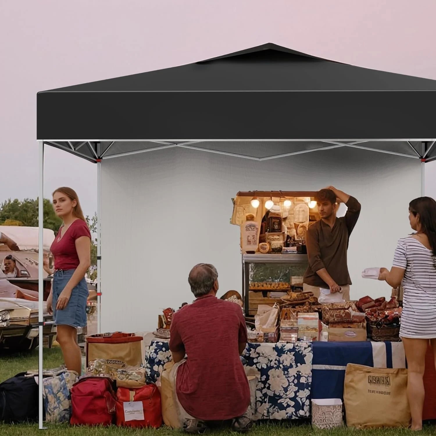 10x10ft Pop Up Canopy Tent with 1 Sidewall, Portable Instant Commercial Canopy Patio Tent with Vented Top Roller Bag 4 Sandbags 4 Ropes and 8 Tent Stakes