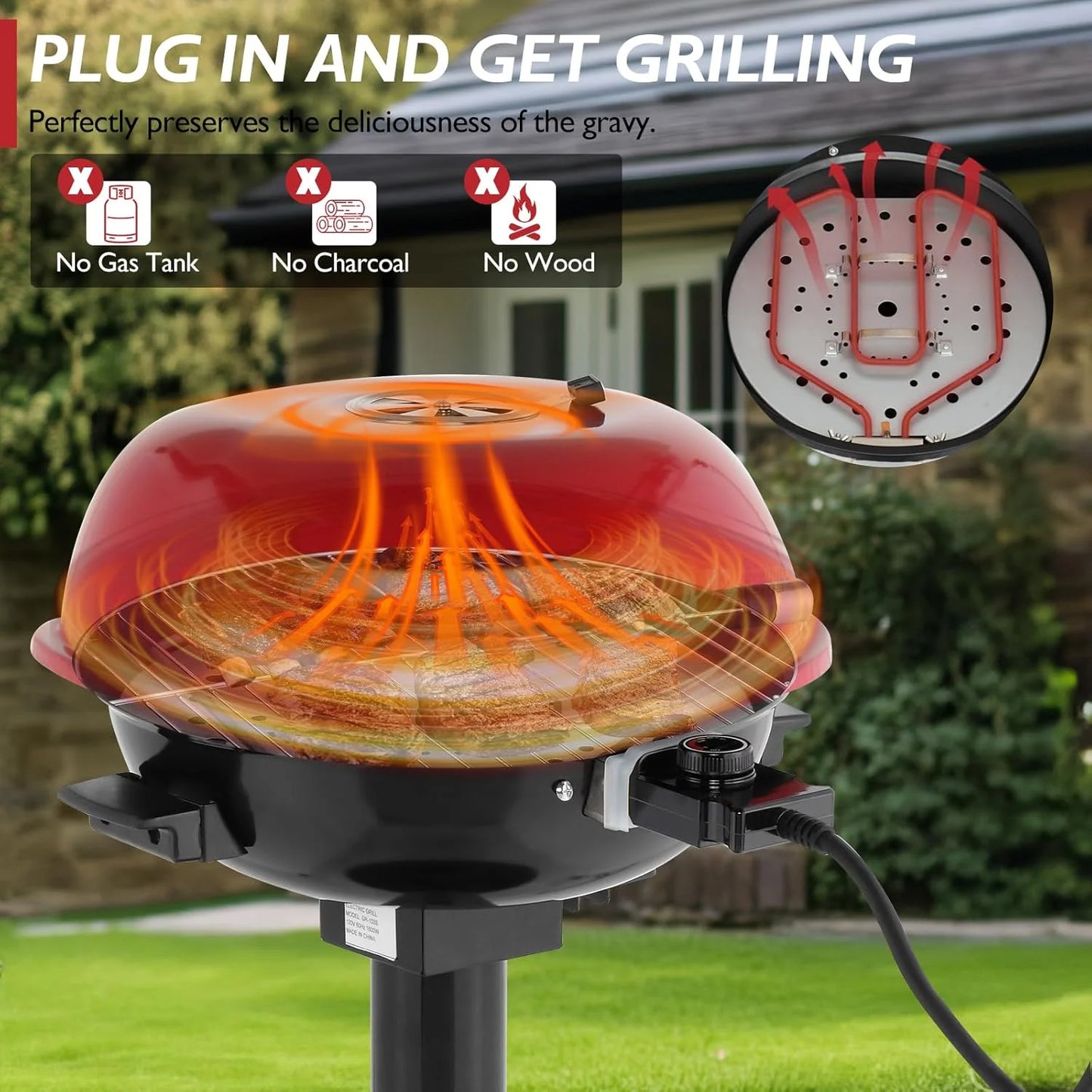 WgoodW Indoor/Outdoor Electric Grill, 1600W Portable Removable Stand Grill with Double Layer Design for BBQ, Patio & Backyard (Red)