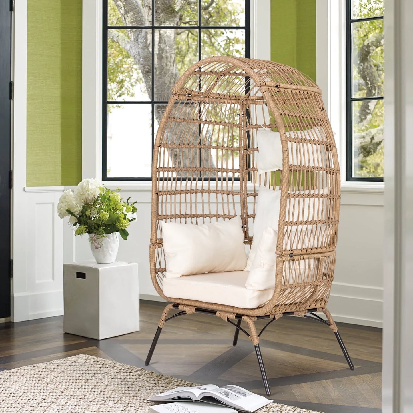 Eclife Outdoor Egg Chair Patio Wicker Lounge Chair with White Cushion Pillow for Home Pool Porch Garden Balcony
