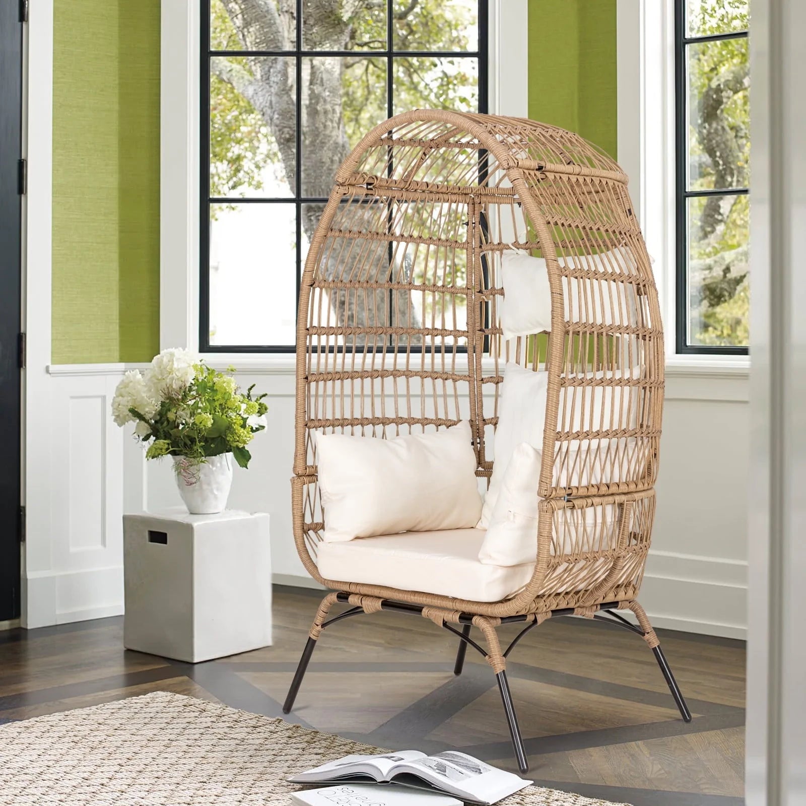 Eclife Outdoor Egg Chair Patio Wicker Lounge Chair with White Cushion Pillow for Home Pool Porch Garden Balcony