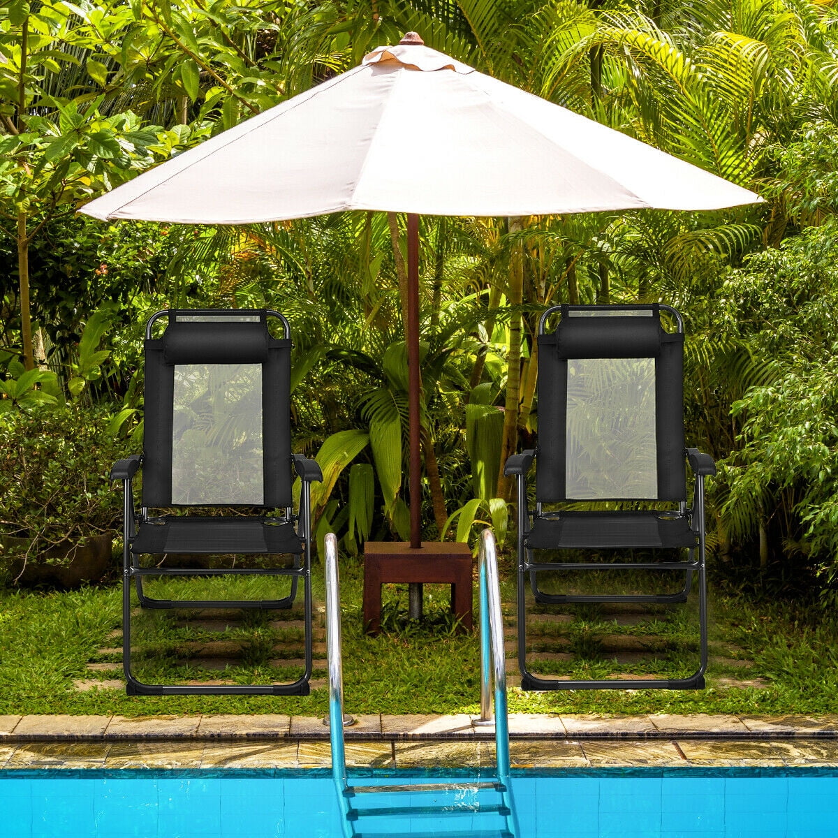 Gymax 2PC Folding Chairs Adjustable Reclining Chairs with Headrest Patio Garden Black