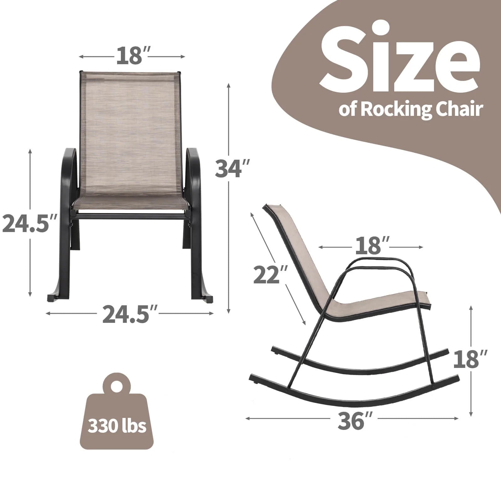 Costway 2 PCS Patio Rocking Chair Heavy-Duty Metal Rocker Outdoor Anti-Slip Brown