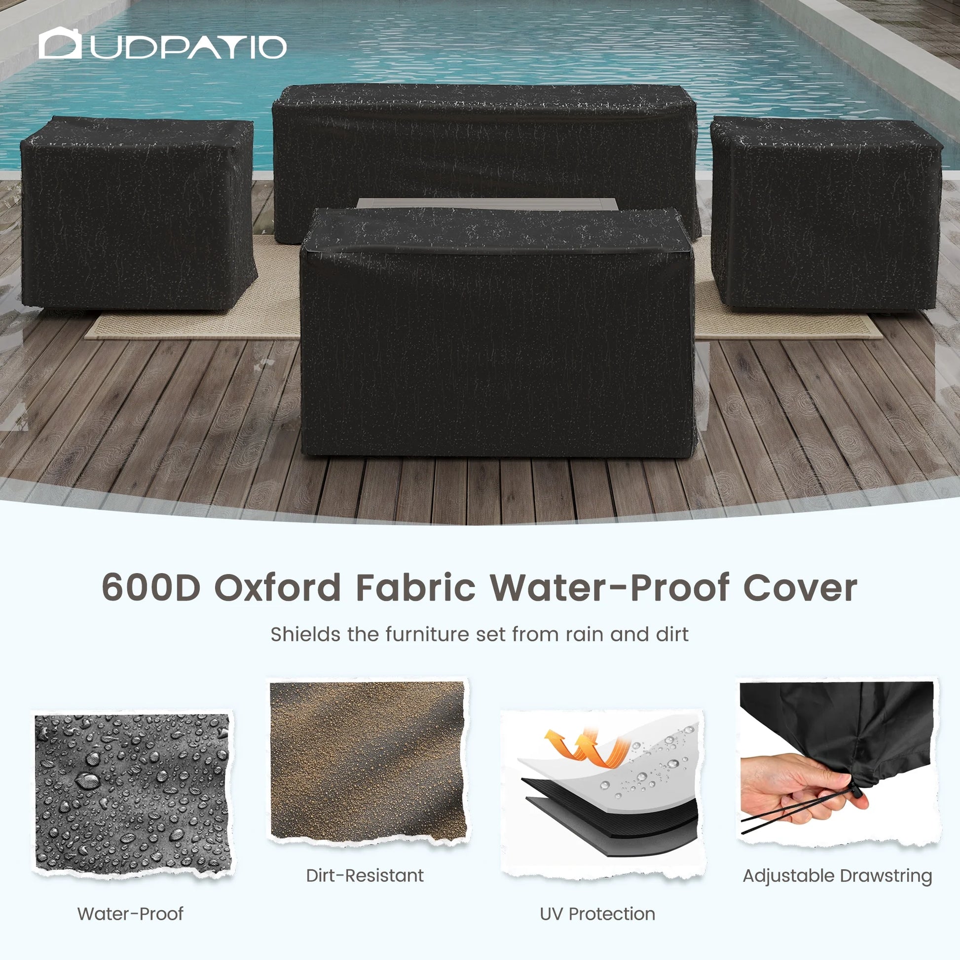 MRUAKA 5 Piece Aluminum Patio Furniture Set Faux Wood Grain Modern Outdoor Furniture Set with 6" Olefin Fabric Cushions and Coffee Table, 600D Waterproof Cover Included, Dark Grey