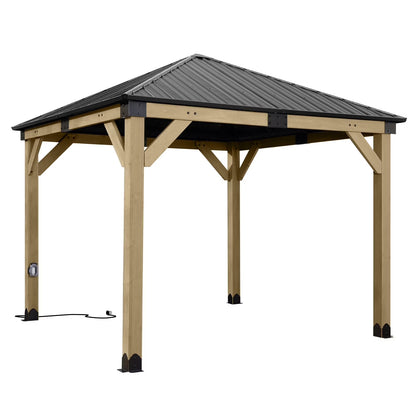 Aoodor 10 x 12 ft Wooden Frame Gazebo with 2-Tier Galvanized Metal Hardtop Roof, Outdoor Patio Gazebo with Charging Socket for Patio, Backyard, Deck, and Lawn