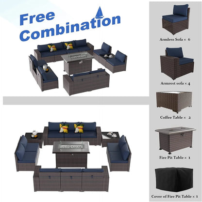 Gotland 13 Pieces Outdoor Patio Rattan Wicker Furniture Set with 43" Fire Pit Table Set Outdoor Steel